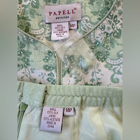Vintage ‘90s Papell 100% Silk Green Beaded Short Sleeve Jacket + Midi Skirt Set - Picture 10 of 11